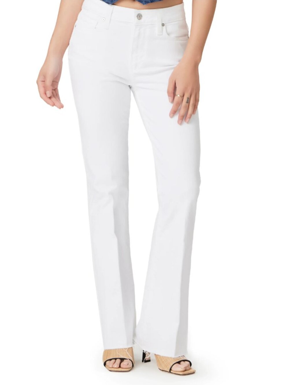 PAIGE Laurel Canyon High Waist Raw Hem Flare Leg Jeans in Crisp White - 34